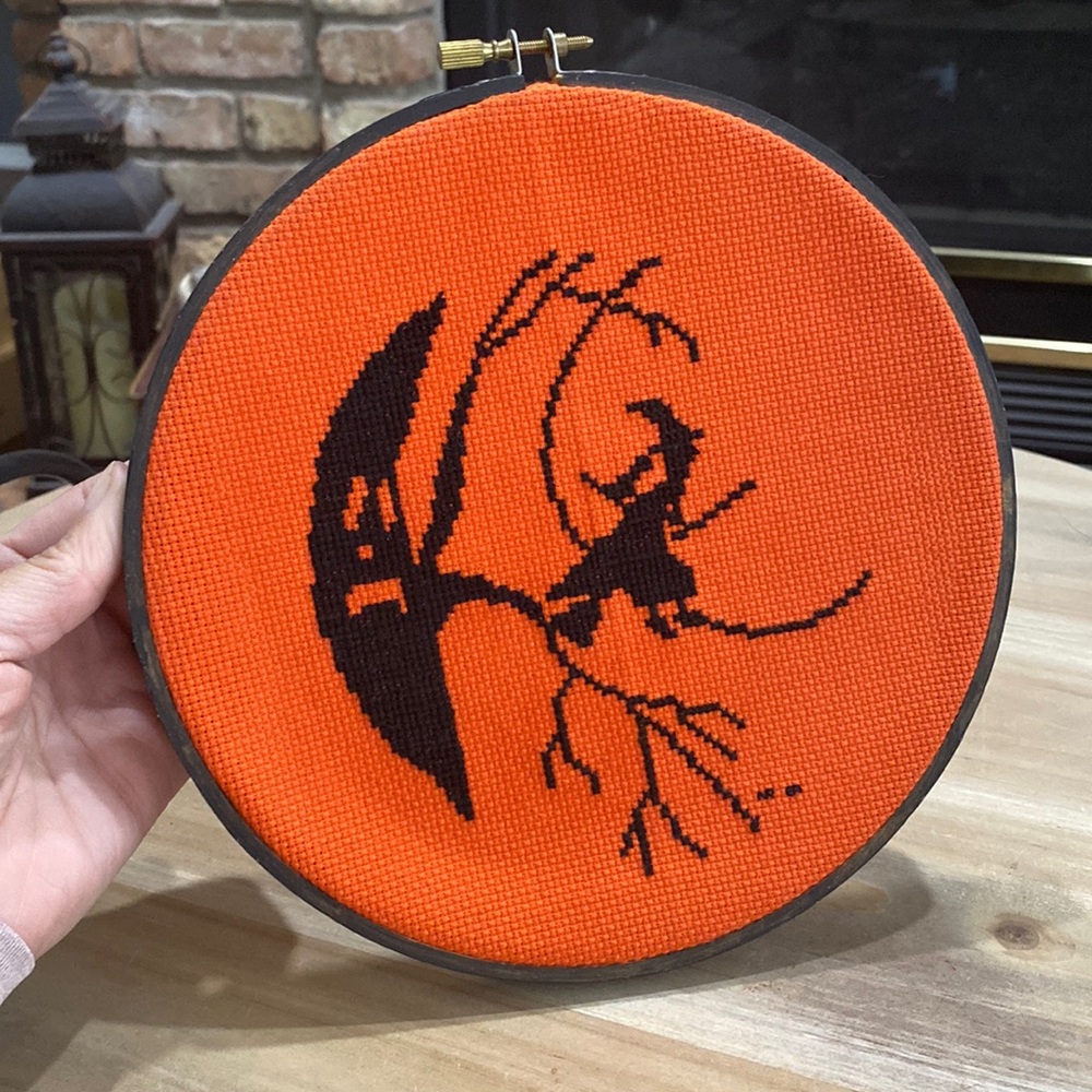 Vintage Halloween cross stitch picture in hoop